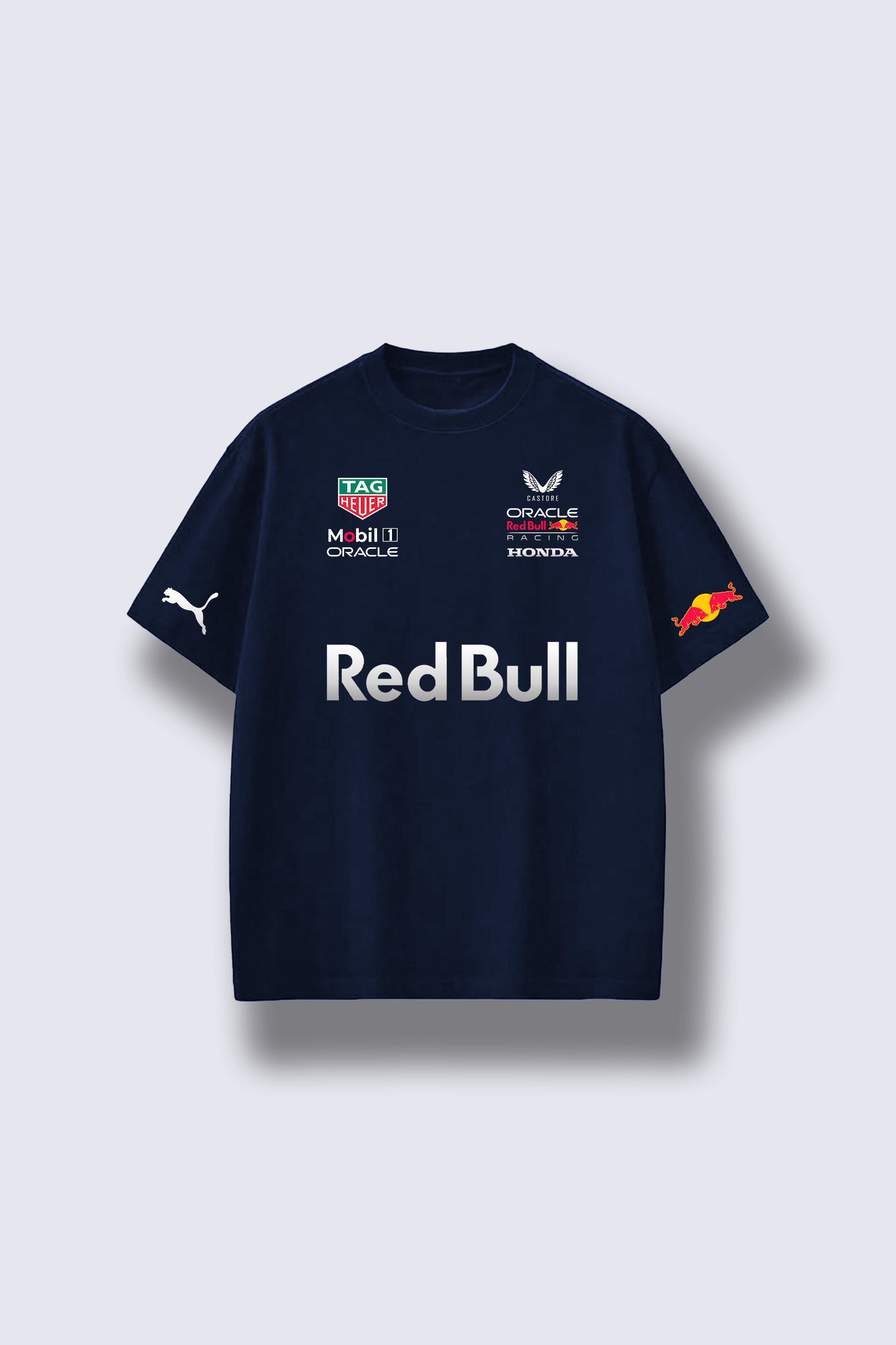 Navy blue t-shirt with Red Bull branding on a light gray background