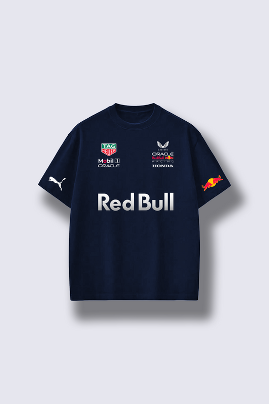Navy blue t-shirt with Red Bull branding on a light gray background